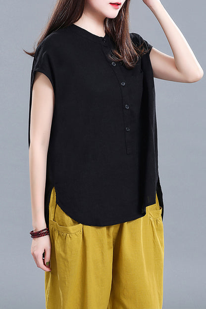 White Linen Cotton Short Sleeve Top - Loose Fit with Front Pocket 3677