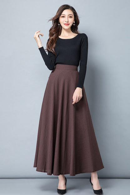 Dark Green Linen A-Line Maxi Skirt - High Waist with Side Pockets 4114
