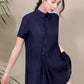 Dark Blue Women Summer Asymmetrical Shirt Linen Tops 3678