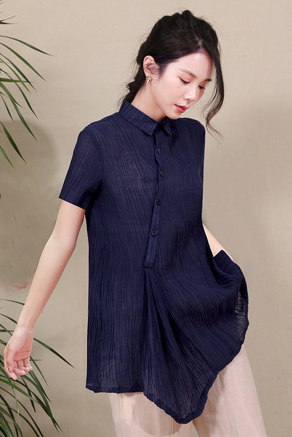 Dark Blue Women Summer Asymmetrical Shirt Linen Tops 3678