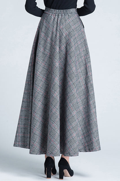 Plaid Wool Skirt - High Waist Ankle Length with Full Silhouette 3945