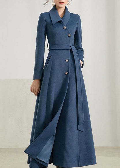 Blue Wool Maxi Coat - Fit and Flare Silhouette with Belt 2949