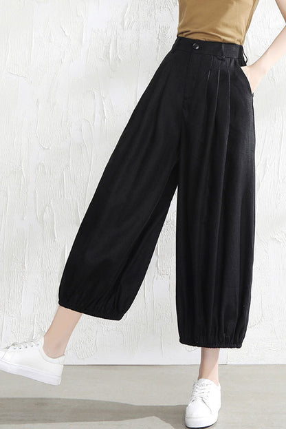 Beige Linen Wide Leg Pants - Casual Relaxed Fit with Elastic Waist 3516