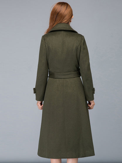Army Green Wool Midi Coat - Fit & Flare Silhouette with Belt 2476