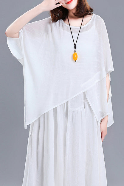 Grey Linen Casual Top - Round Neck Asymmetrical Hem 3675