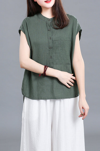 White Linen Cotton Short Sleeve Top - Loose Fit with Front Pocket 3677