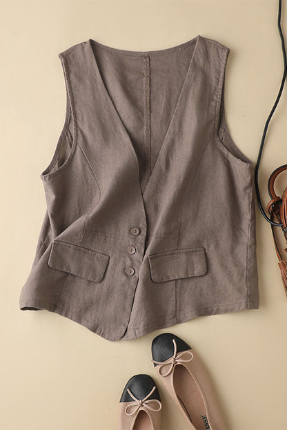 Beige Linen Sleeveless Vest - Casual Loose Fit 3599