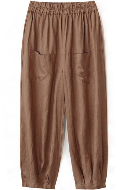 Brown Linen Wide Leg Cropped Pants - Elastic Waist, Front Pockets 3507