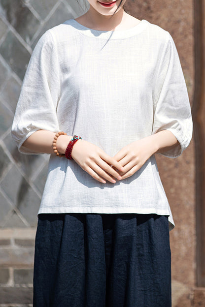Off White Linen Blend Round Neck Top - Loose Fit Half Sleeve 3674