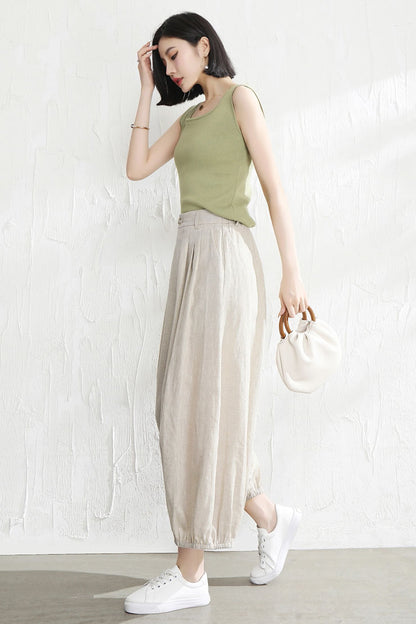 Beige Linen Wide Leg Pants - Back Elastic Waist Casual Fit 3529