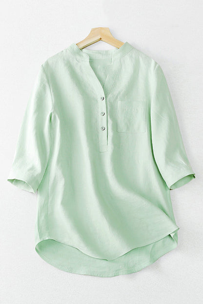 Light Green Linen V-Neck Top - Loose Fit with Pocket 3661