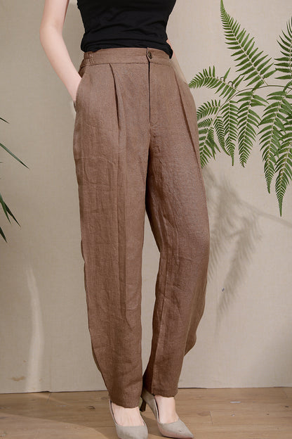 Brown Linen Wide Leg Pants - High Waist Elastic Comfort 3673
