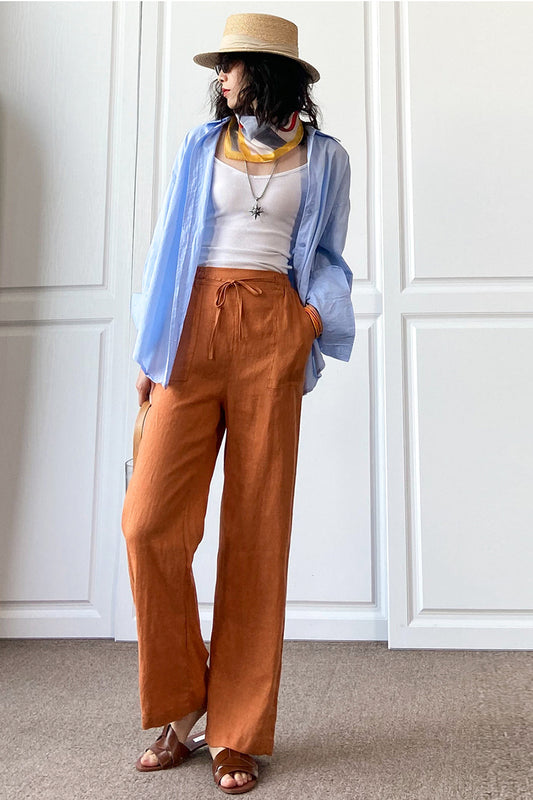 Rust Brown Linen Wide Leg Pants - Elastic Waist, Side Pockets 3506
