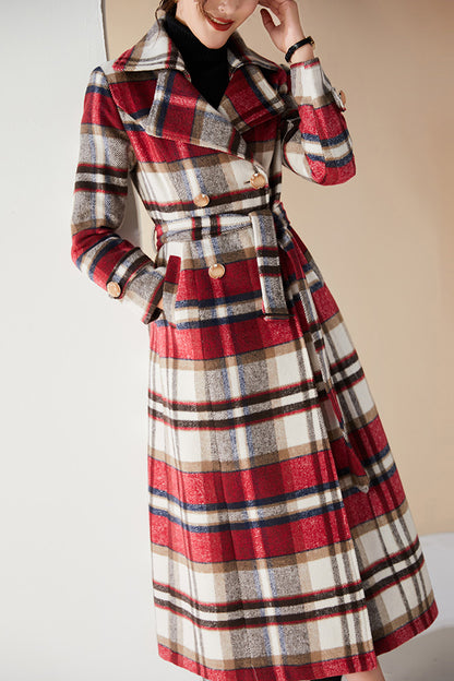 Handmade Plaid Wool Coat – Vintage Red Check Double-Breasted Long Belted Overcoat | Xiaolizi 3990