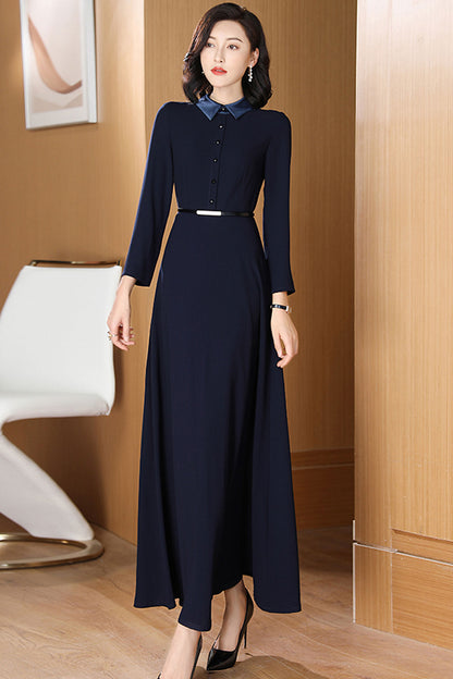Navy Polyester Dress - Fit and Flared, Polo Collar with Nine-Quarter Sleeves 3196