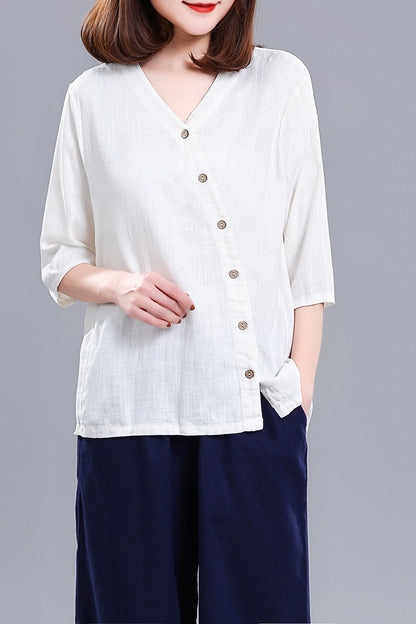 White Linen Cotton V-Neck Top - Asymmetric Button Detail 3676