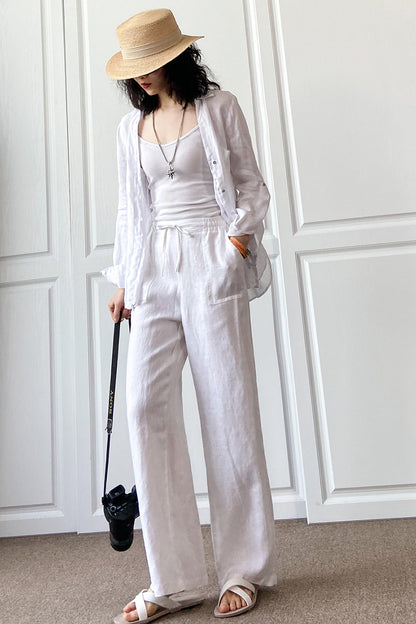 Rust Brown Linen Wide Leg Pants - Elastic Waist, Side Pockets 3506