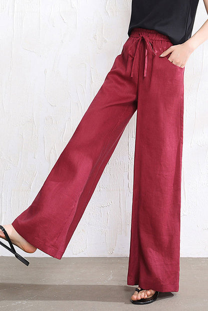 White Linen Wide Leg Pants - Elastic Waist with Front Pockets 3518