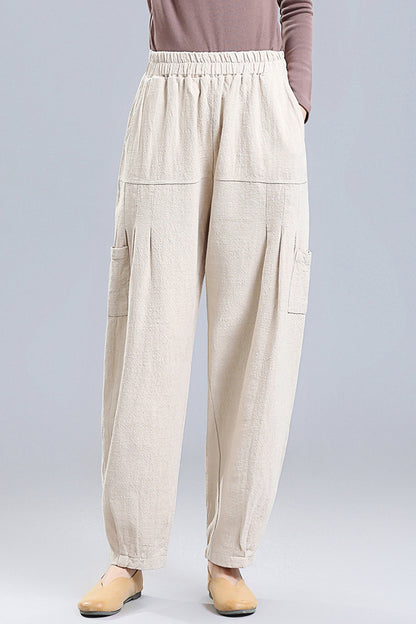Beige Linen Wide Leg Pants - Elastic Waist, Four Pockets 3667