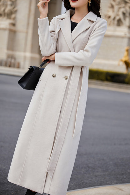 Beige Wool Coat – Handmade Long Double Breasted Belted Winter Overcoat for Women 3978