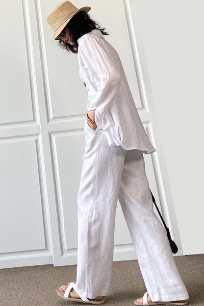 Rust Brown Linen Wide Leg Pants - Elastic Waist, Side Pockets 3506