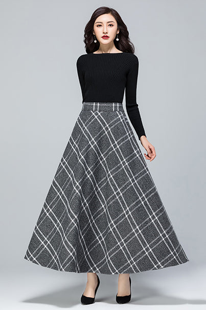 Autumn Gray Plaid Wool Skirt 3953