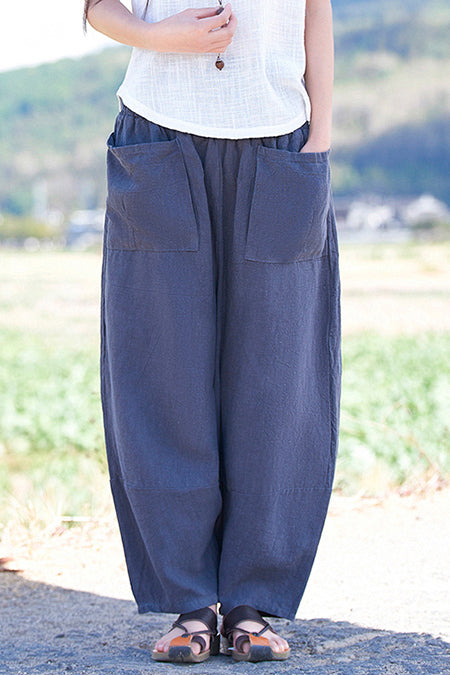 Light Green Linen Cotton Wide Leg Pants - Elastic Waist Casual Fit 3665