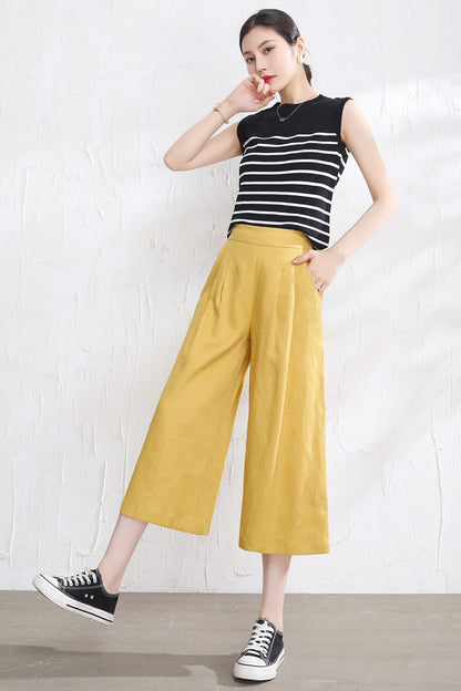Yellow Linen Wide Leg Pants - Back Elastic Waist, Front Pockets 3523