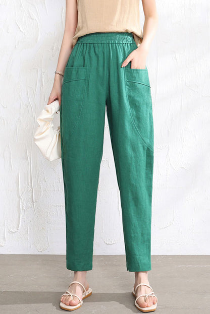 Beige Linen Pants - Elastic Waist Relaxed Fit Casual Style 3515