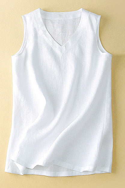 White Linen Sleeveless Vest - V-Neck Casual Summer Top 3658
