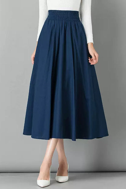 Brown Linen Skirt - Elastic Waist A-Line Maxi Skirt 4107