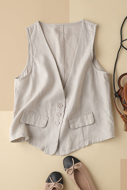 Beige Linen Sleeveless Vest - Casual Loose Fit 3599