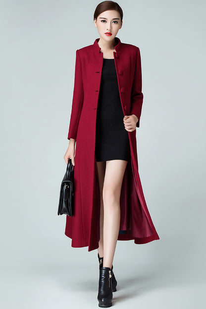 Handmade Burgundy Wool Coat – Elegant High Neck Belted Long Overcoat | Xiaolizi 3986