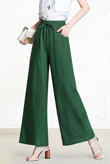 White Linen Wide Leg Pants - Elastic Waist with Front Pockets 3518
