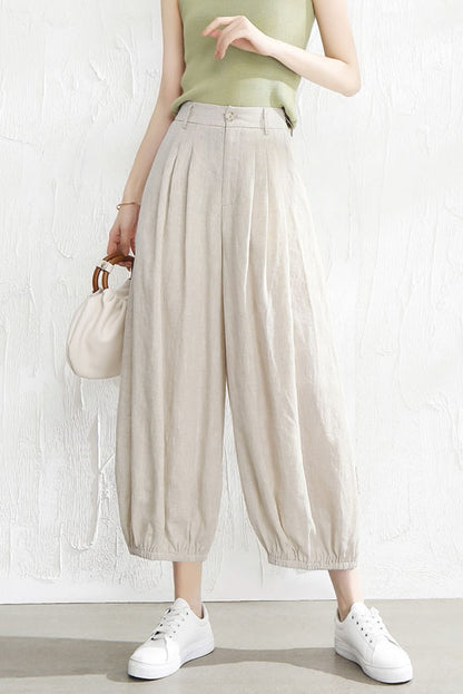 Beige Linen Wide Leg Pants - Back Elastic Waist Casual Fit 3529