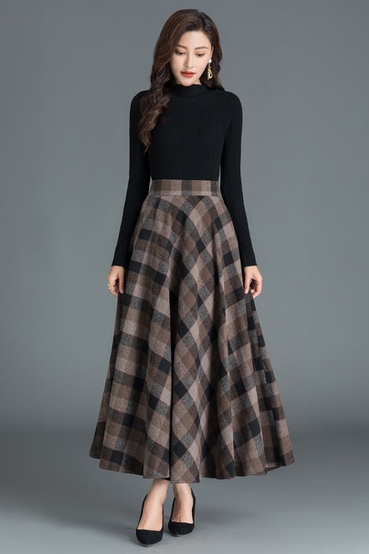 Women Winter Long Plaid Wool Skirt 3804