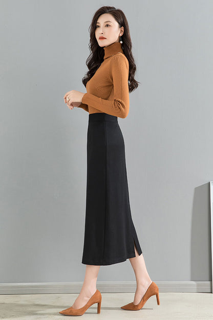 Women Black Long Wrap Skirt 4093