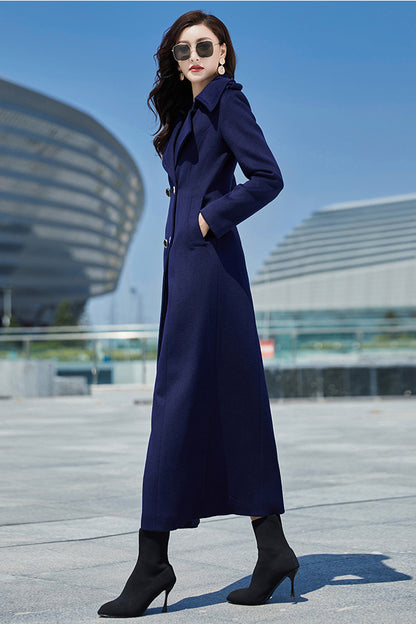 Navy Blue Wool Coat – Long Double Breasted Fit & Flare Winter Overcoat | Xiaolizi 3979