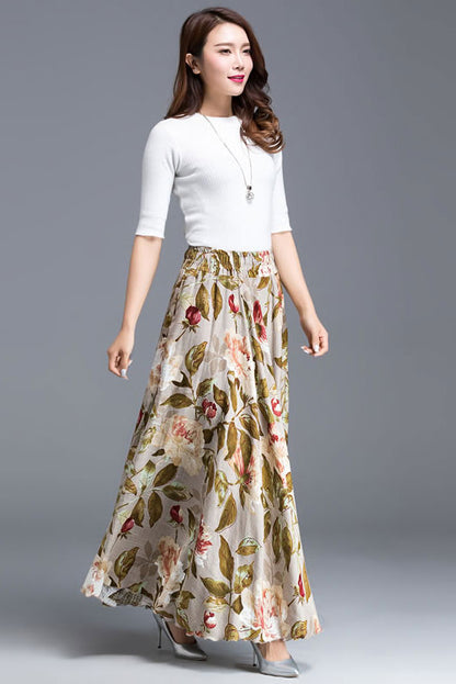 Beige Floral Linen Maxi Skirt - Pleated High Waist Swing Silhouette 3609