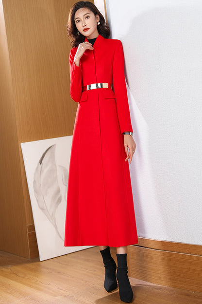 Red Wool Coat – Handmade Long Button Front Fit & Flare Winter Overcoat for Women 3972