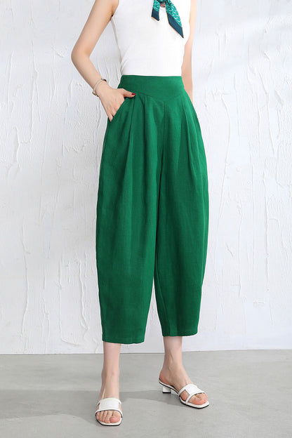 White Linen Wide Leg Pants - Casual Elastic Waist Loose Fit 3514