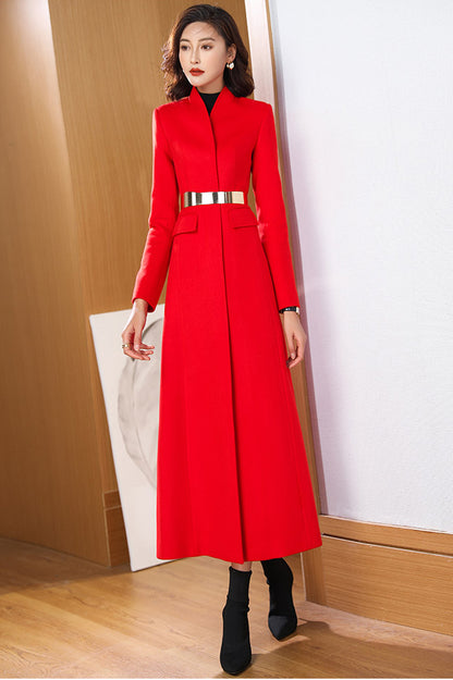 Red Wool Coat – Handmade Long Button Front Fit & Flare Winter Overcoat for Women 3972