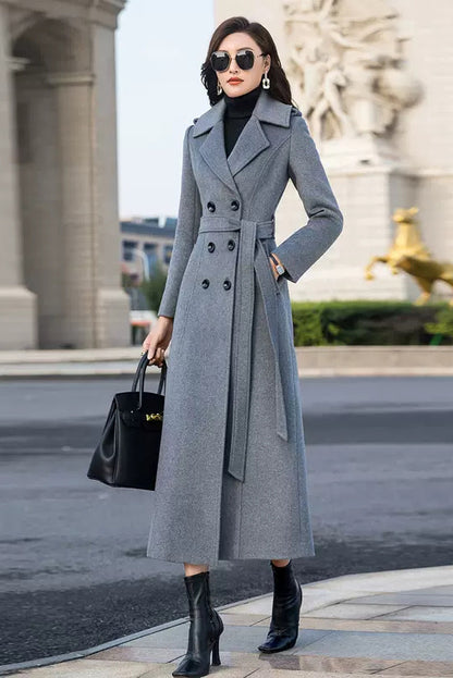 Vintage-Inspired Long Wool Coat – Women’s Belted Winter Overcoat with Pockets 3980
