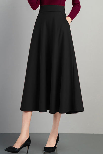 Burgundy Cotton Blend A-Line Midi Skirt - Back Elastic Waist 4102