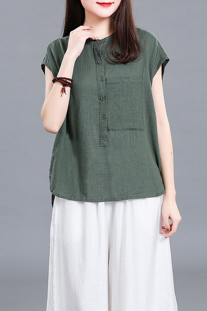 White Linen Cotton Short Sleeve Top - Loose Fit with Front Pocket 3677