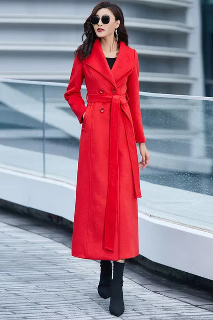 Handmade Red Wool Coat – Elegant Double-Breasted Belted Long Winter Overcoat | Xiaolizi 3981