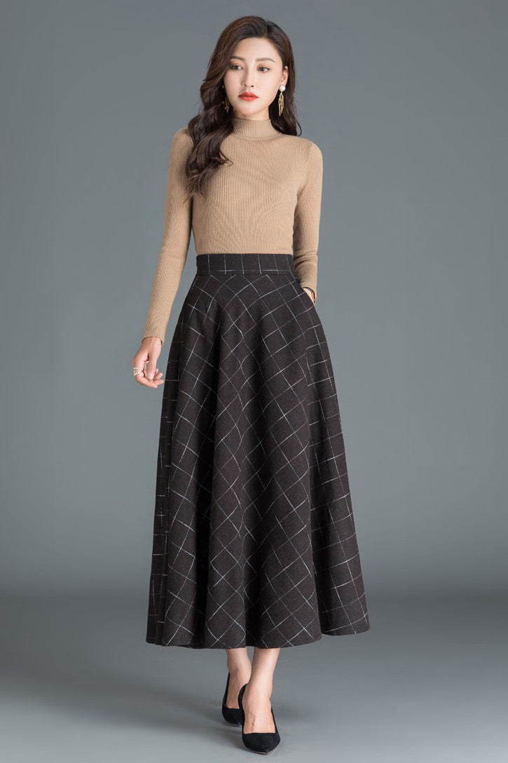 Women A-Line Plaid Long Wool Skirt 3809
