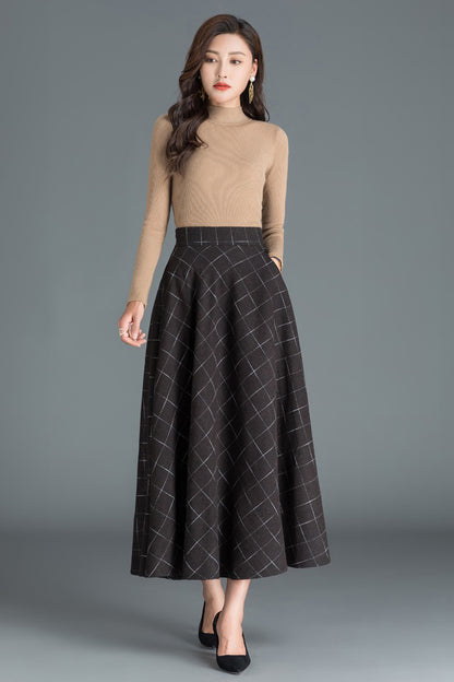 Black & White Plaid Wool A-Line Skirt - Flowy Ankle Length 3809