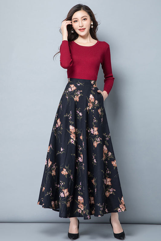 High Waist Floral Linen Skirt 4111