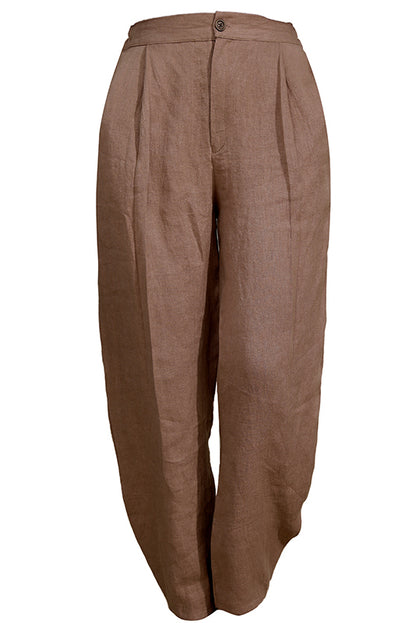 Brown Linen Wide Leg Pants - High Waist Elastic Comfort 3673